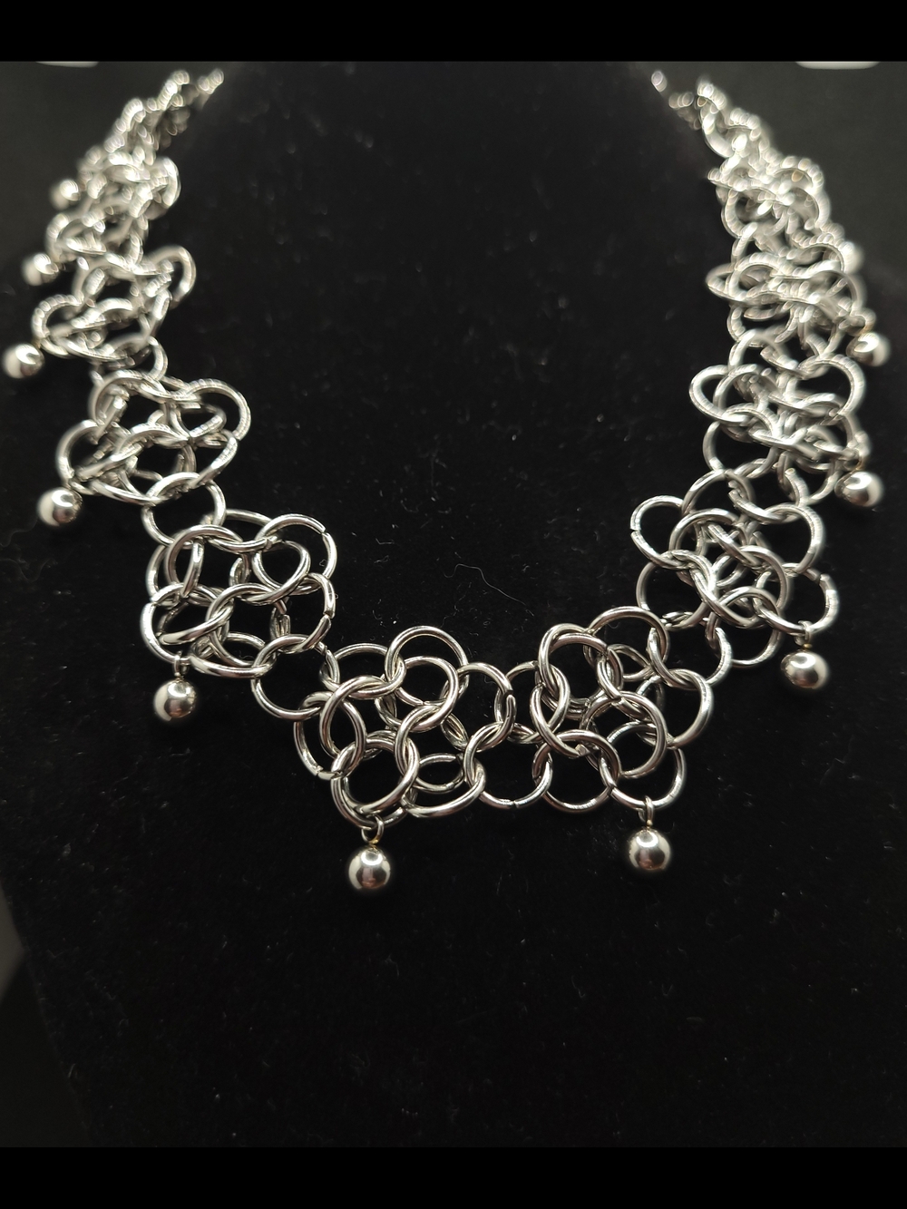 Stainless Steel Chainmail Blossom Necklace with Dangling Beads